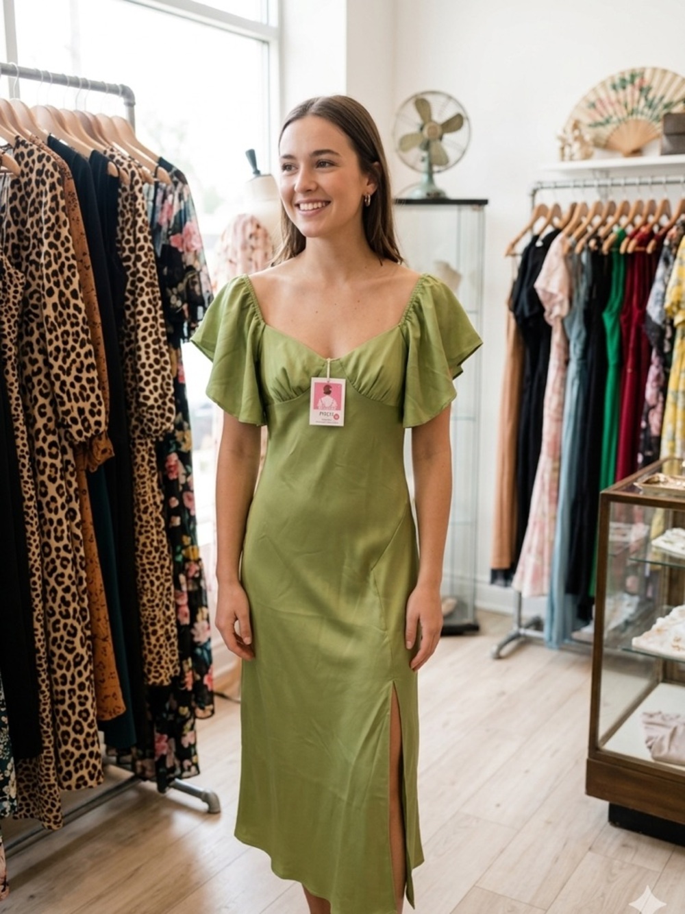 Olive Green Midi Dress with Flutter Sleeves